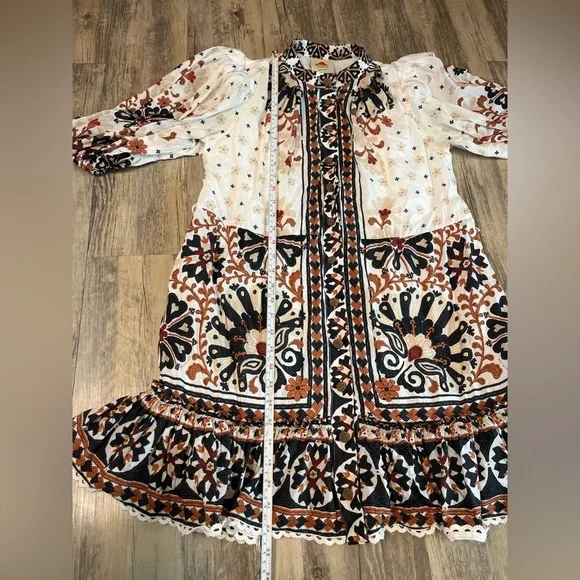 Farm Rio Flower Fan Off White Tapestry Dress Puff Sleeve Button Down Size Small - Picture 6 of 14
